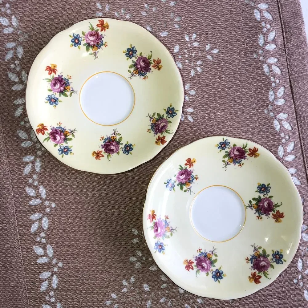 Aynsley Vintage Cream Bone China Floral Print Gold Trim Saucers Set of 2